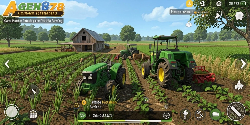 Tampilan gameplay AGEN878 dengan kebun yang subur dan hewan ternak.