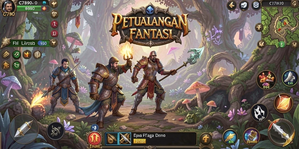 Gameplay C7890 menampilkan pertarungan epik dan penjelajahan dunia fantasi.