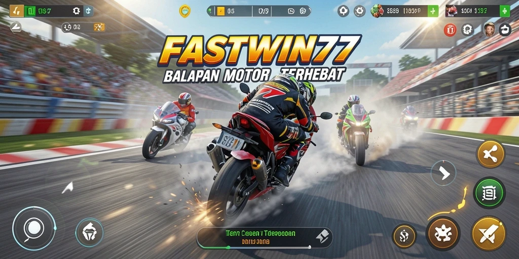 Tangkapan layar gameplay <strong>FASTWIN77</strong> yang menunjukkan balapan motor yang mendebarkan.