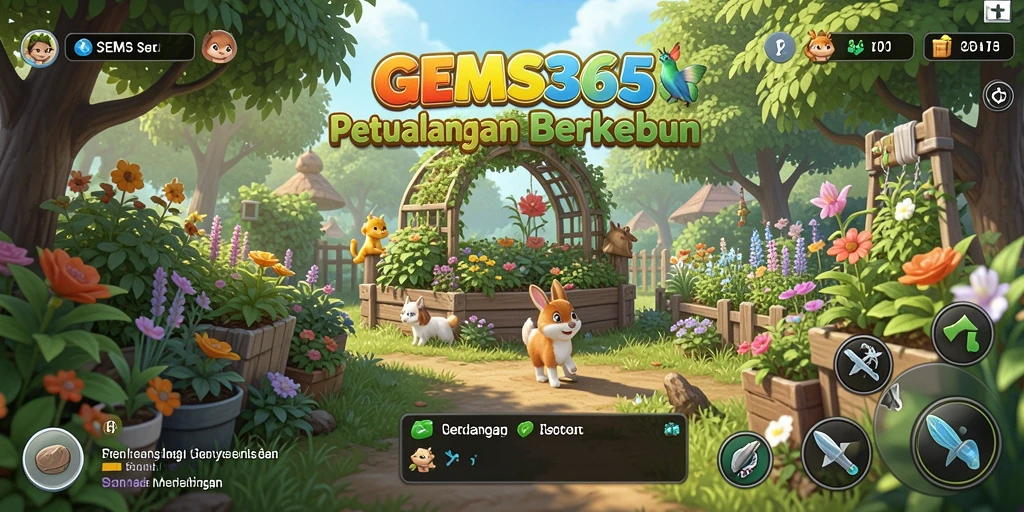 Tampilan gameplay GEMS365 dengan berbagai tanaman dan hewan di kebun.