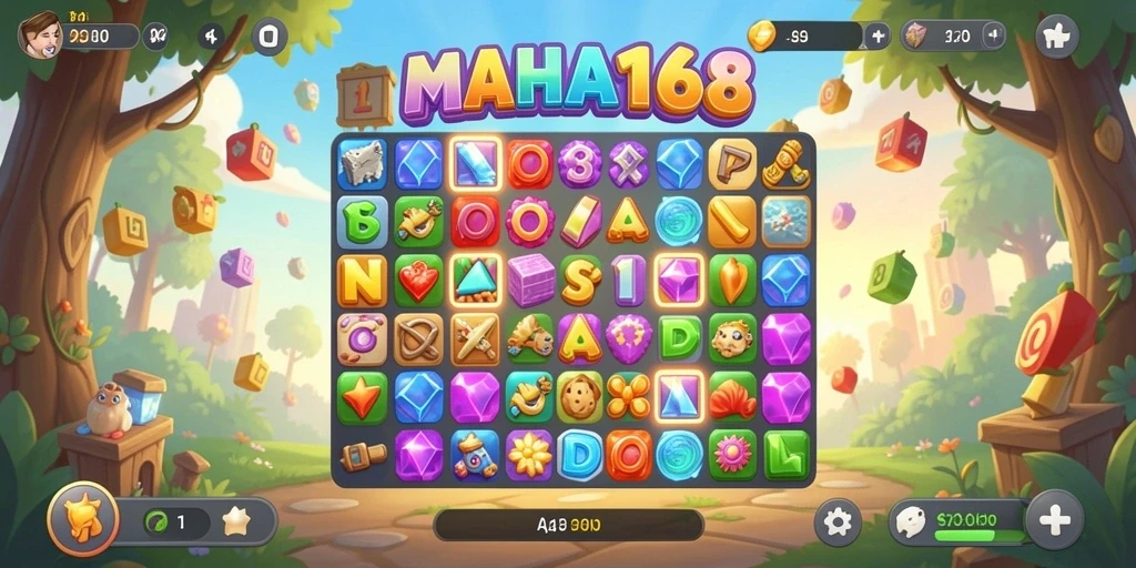 Tampilan gameplay seru di MAHA168 dengan berbagai item untuk dicocokkan.