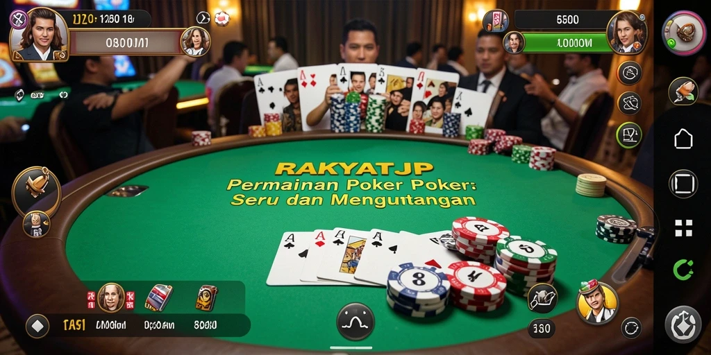Tampilan gameplay RAKYATJP dengan suasana poker yang realistis.