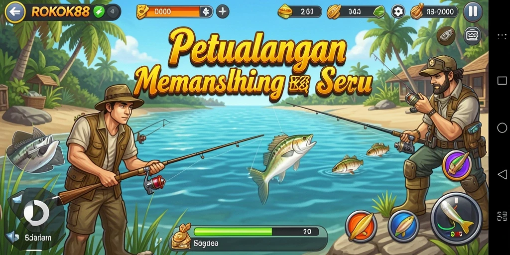 Tampilan gameplay ROKOK88 saat menangkap ikan di laut yang indah.
