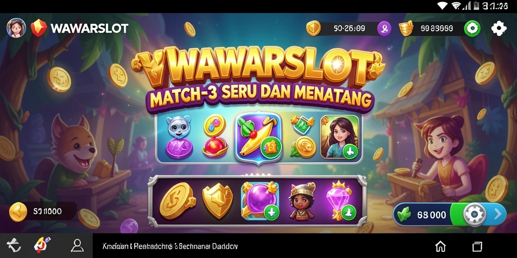 Screenshot gameplay WAWARSLOT yang menampilkan level Match-3 yang penuh warna.