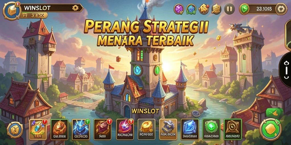 Screenshot gameplay WINSLOT yang menampilkan pertempuran menara strategi.